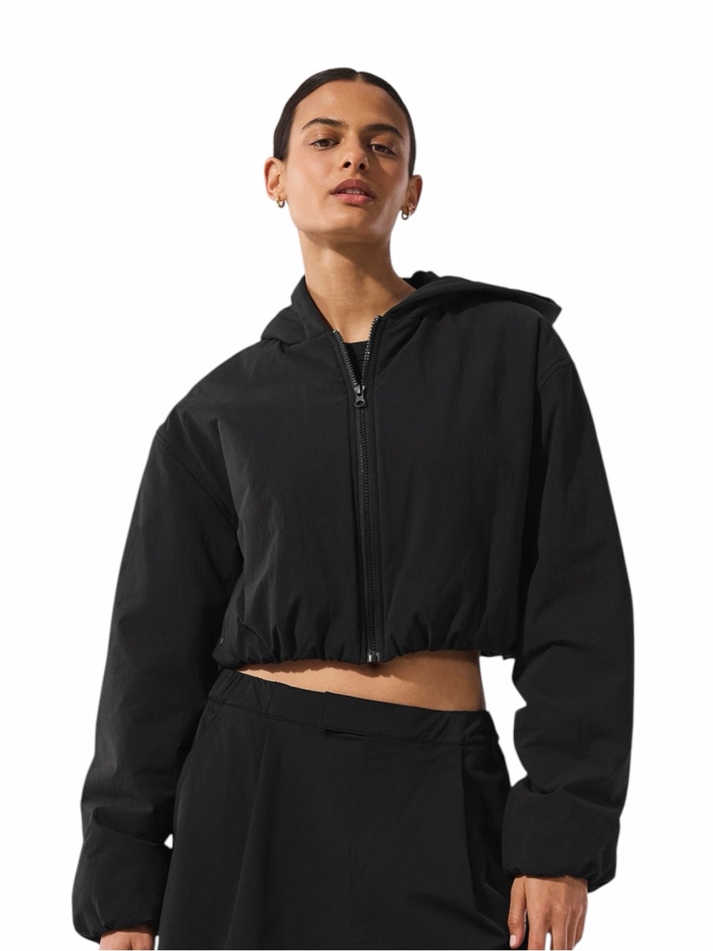 ALO Women's Cropped Mountain Peak Full-Zip Hoodie M Black Lightly Filled Jacket